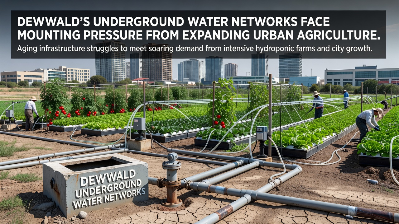Cross-section view of underground water channels with urban agriculture overlays in Dewwald